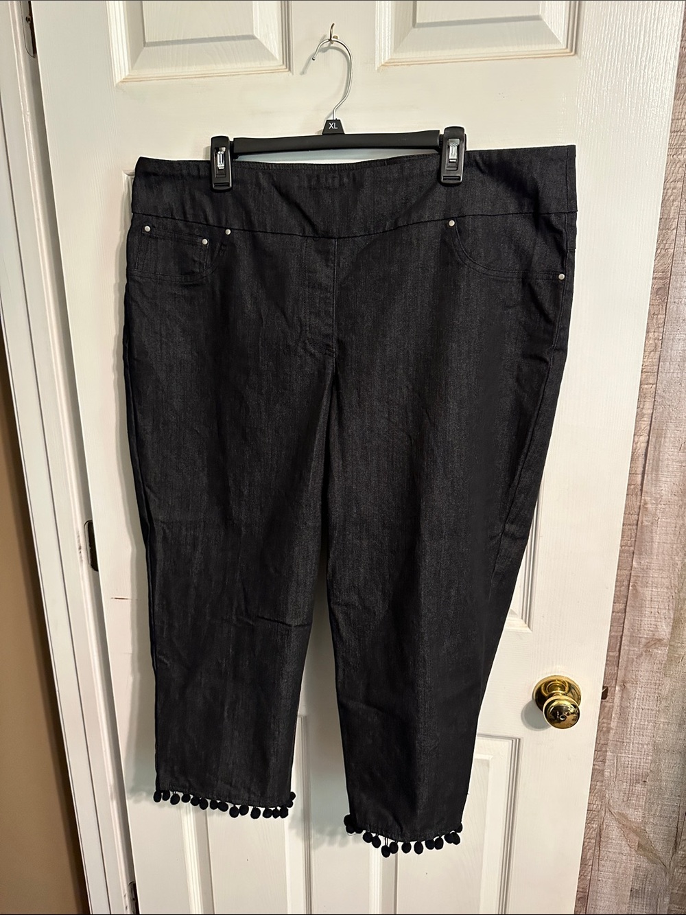 Ruby Rd. Black Denim Pom-Pom Hem Cropped Pull-On Pants